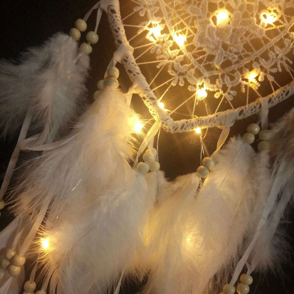 Dream Catcher With LED String Hollow Hoop Heart Shape Pendant Feathers Handmade Night Light Wall Hanging Home Decor Gift - KIMLUD