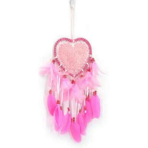 KIMLUD, Dream Catcher With LED String Hollow Hoop Heart Shape Pendant Feathers Handmade Night Light Wall Hanging Home Decor Gift, Pink No LED, KIMLUD Womens Clothes