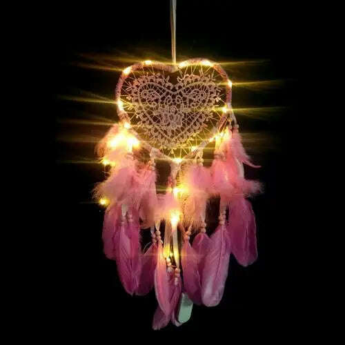 KIMLUD, Dream Catcher With LED String Hollow Hoop Heart Shape Pendant Feathers Handmade Night Light Wall Hanging Home Decor Gift, Pink with LED, KIMLUD Womens Clothes