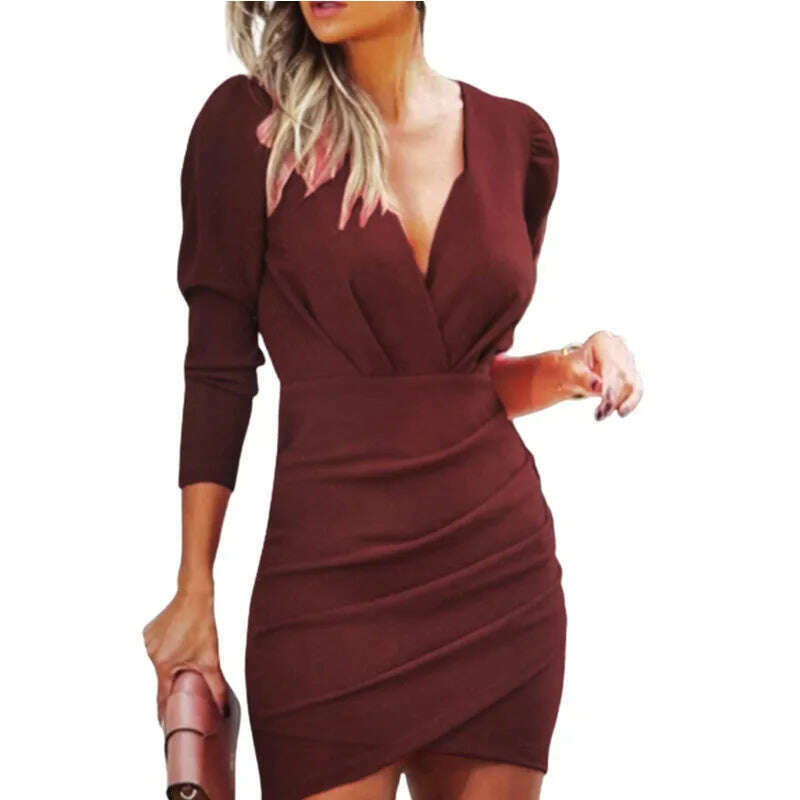 KIMLUD, Dress Women Summer Solid Color v-neck Long Sleeve Folds Fashionable Dresses Casual Vestidos Dropshipping Sale SZLZLG2150, Wine red / 2XL, KIMLUD Women's Clothes
