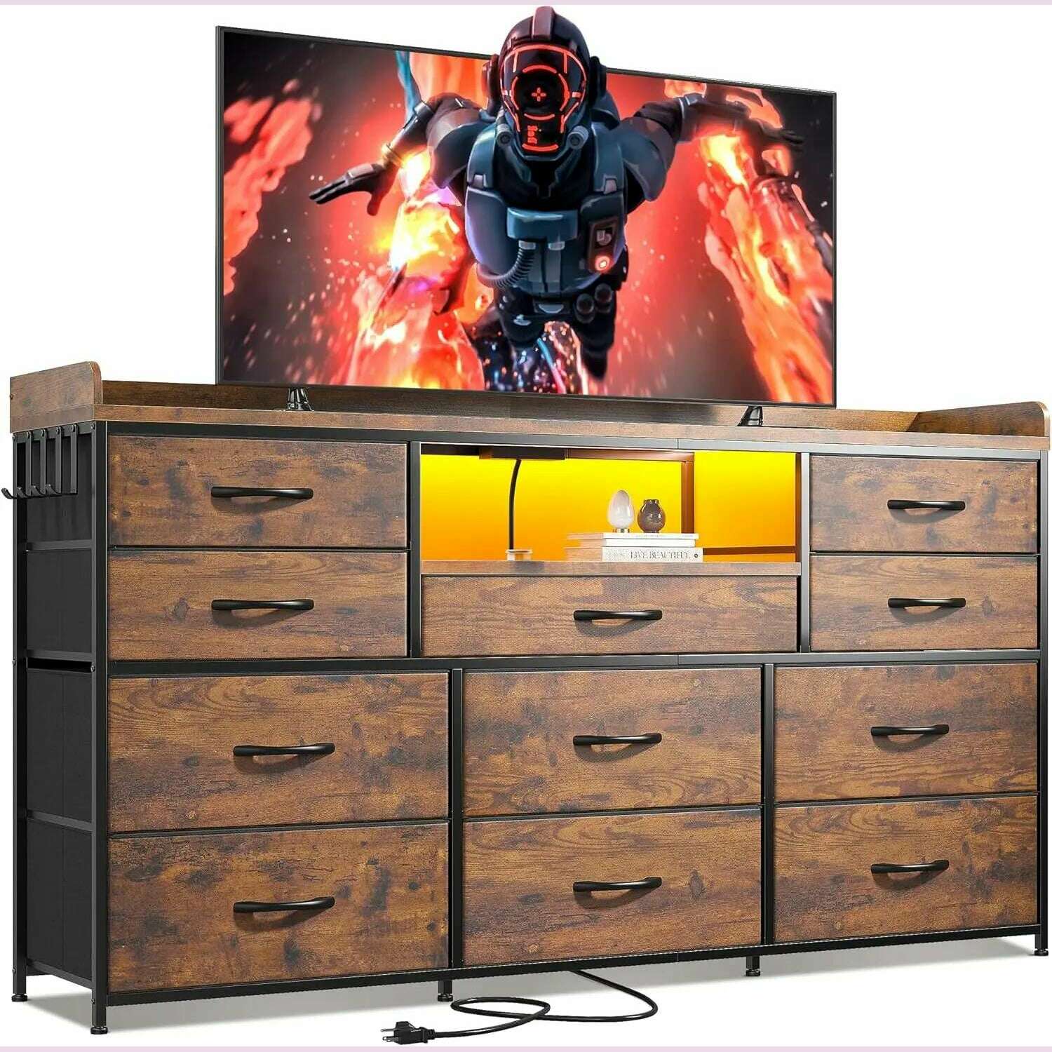 KIMLUD, Dresser for Bedroom with 11 Drawers for 60" TV Stand for Bedroom with LED Lights & Charging Station Long Dresser with Shelves, United States / Rustic Brown, KIMLUD APPAREL - Womens Clothes