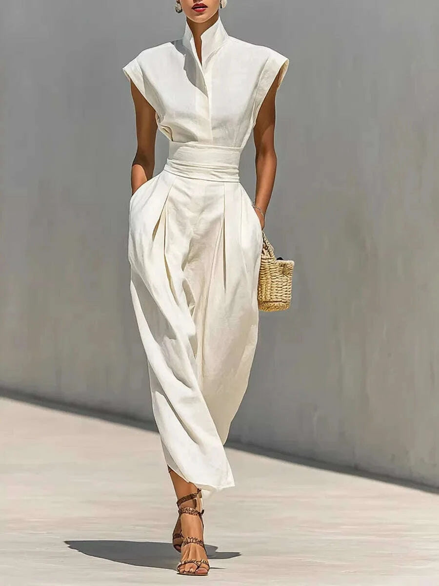 Dresses High Waist Pocket Polyester Sleeveless Midi Solid | KIMLUD