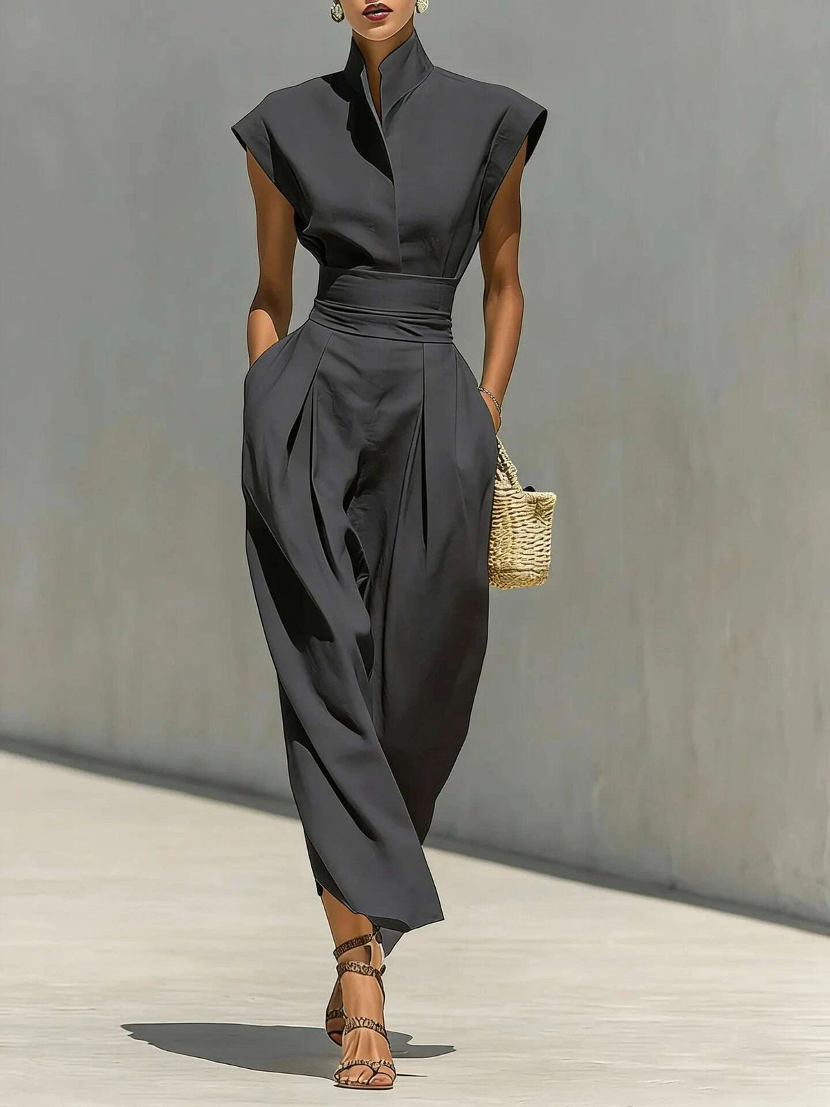 Dresses High Waist Pocket Polyester Sleeveless Midi Solid | KIMLUD