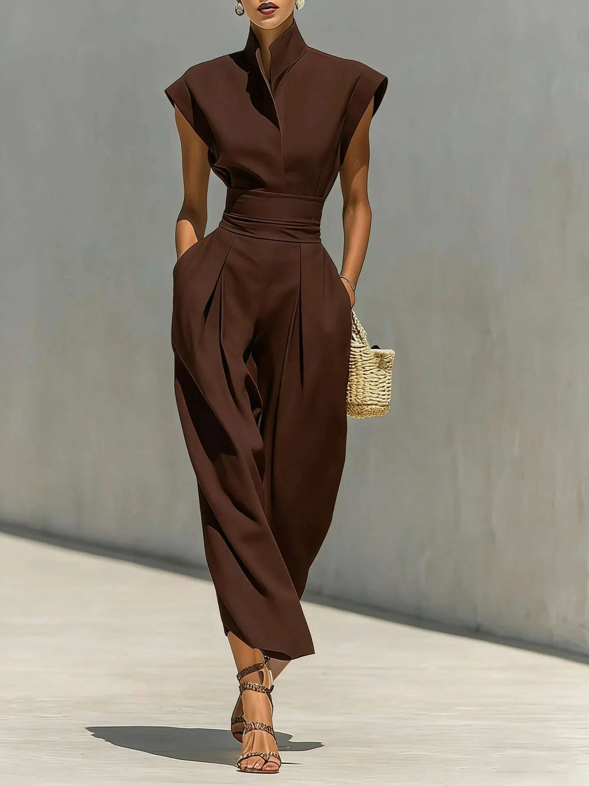 Dresses High Waist Pocket Polyester Sleeveless Midi Solid | KIMLUD