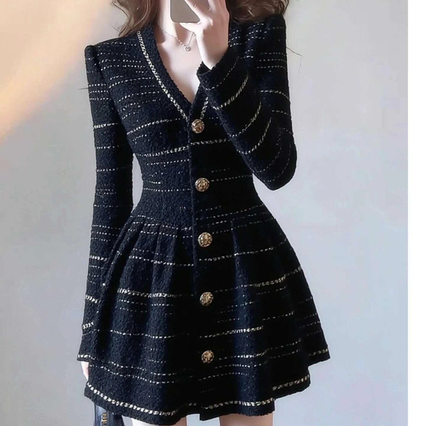 Dresses Knitted A Line Dress Button Polyester Fiber Black | KIMLUD