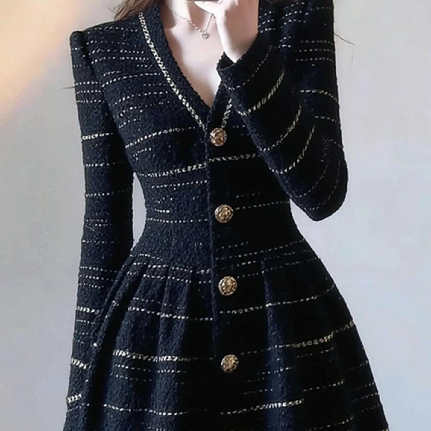 Dresses Knitted A Line Dress Button Polyester Fiber Black | KIMLUD