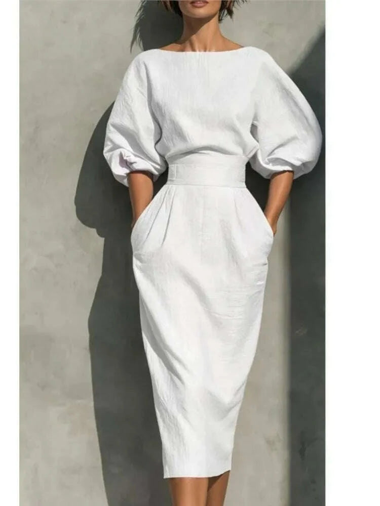 Dresses O-Neck Lantern Sleeve Pocket Midi Polyester Slim Solid | KIMLUD
