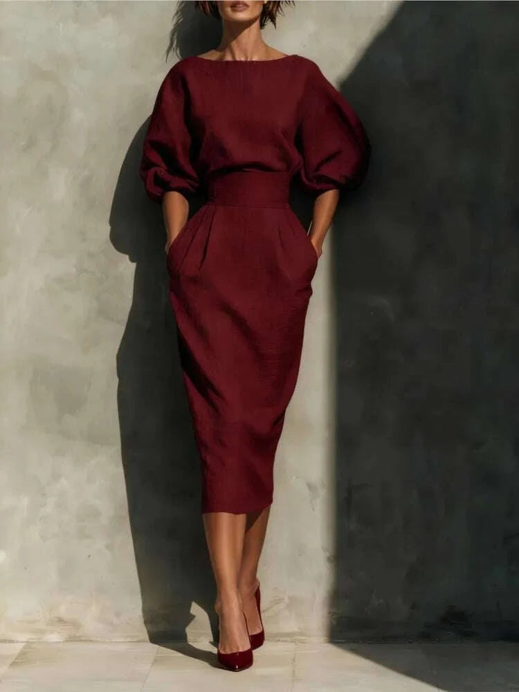 Dresses O-Neck Lantern Sleeve Pocket Midi Polyester Slim Solid | KIMLUD