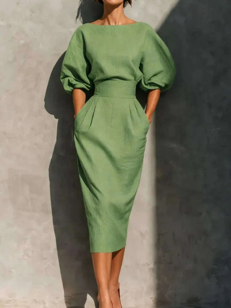 Dresses O-Neck Lantern Sleeve Pocket Midi Polyester Slim Solid | KIMLUD