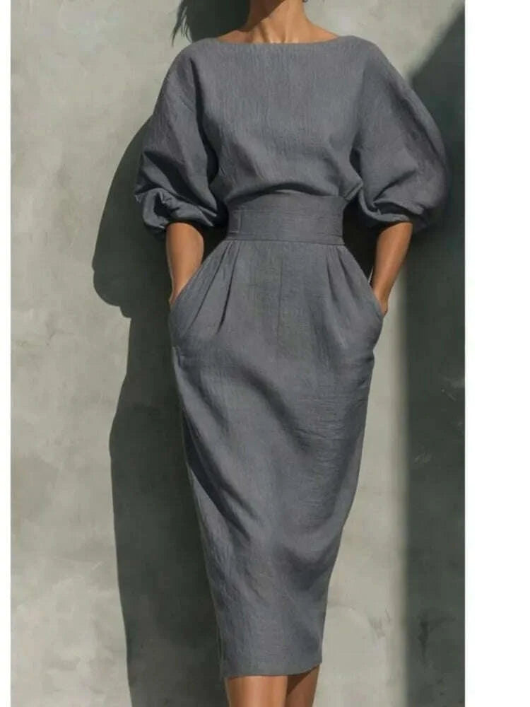 Dresses O-Neck Lantern Sleeve Pocket Midi Polyester Slim Solid | KIMLUD