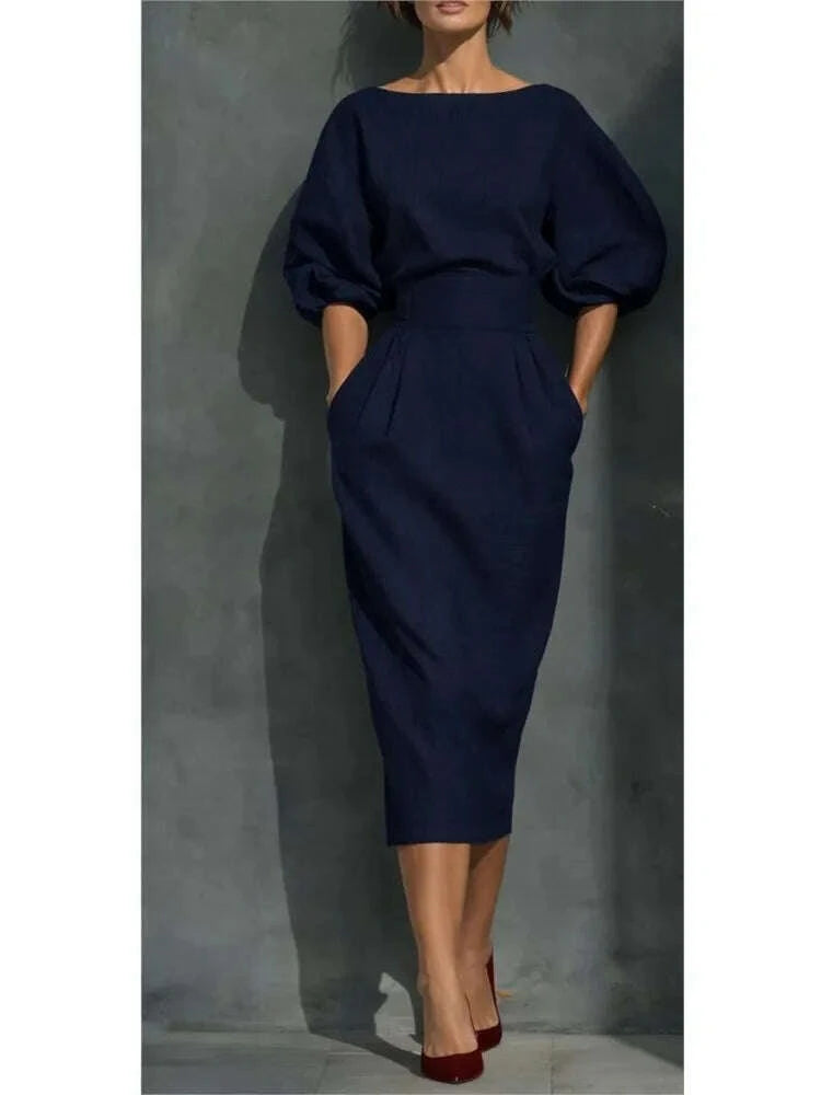 Dresses O-Neck Lantern Sleeve Pocket Midi Polyester Slim Solid | KIMLUD