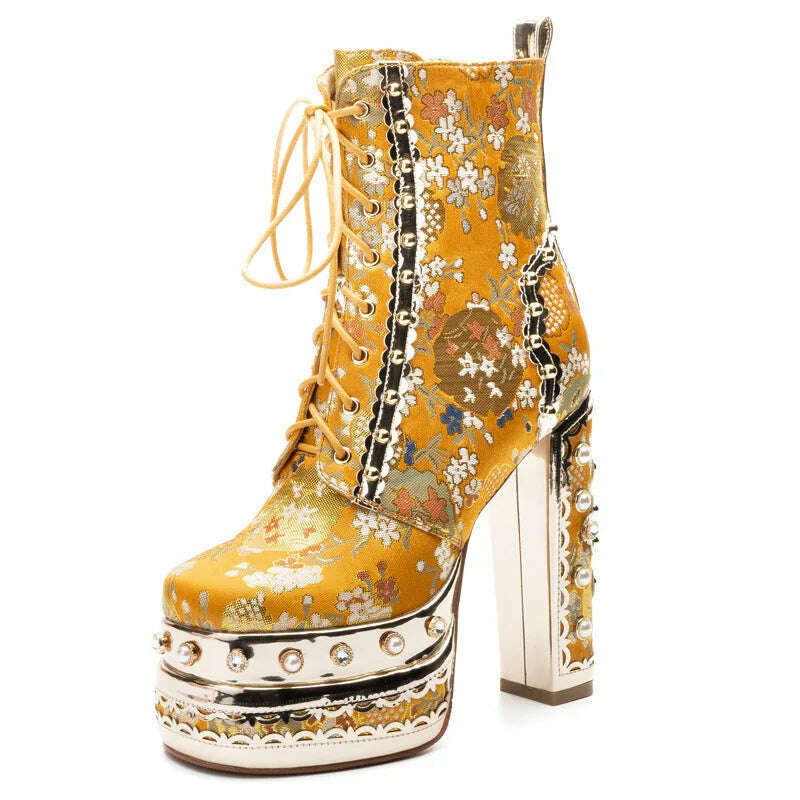 KIMLUD, Dropshipping New Luxury Brand Design Rivet Silk Motorcycle Boots Lace up Ultra High Heel Thick Sole Elevated Large Wedding Boots, Yellow / 35 / China, KIMLUD Women's Clothes