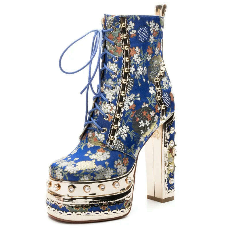 KIMLUD, Dropshipping New Luxury Brand Design Rivet Silk Motorcycle Boots Lace up Ultra High Heel Thick Sole Elevated Large Wedding Boots, Dark blue / 35 / China, KIMLUD APPAREL - Womens Clothes