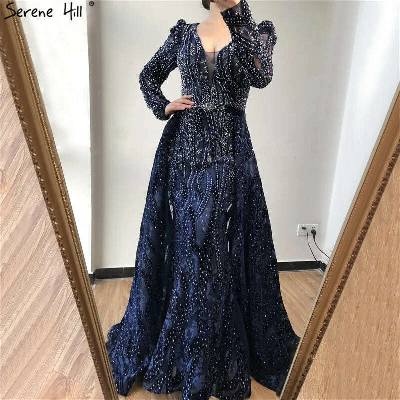 KIMLUD, Dubai Blue Deep-V Crystal Sexy Prom Dresses 2024 Long Sleeves Luxury Mermaid Prom Gowns Serene Hill Plus Size LA70223, KIMLUD Women's Clothes