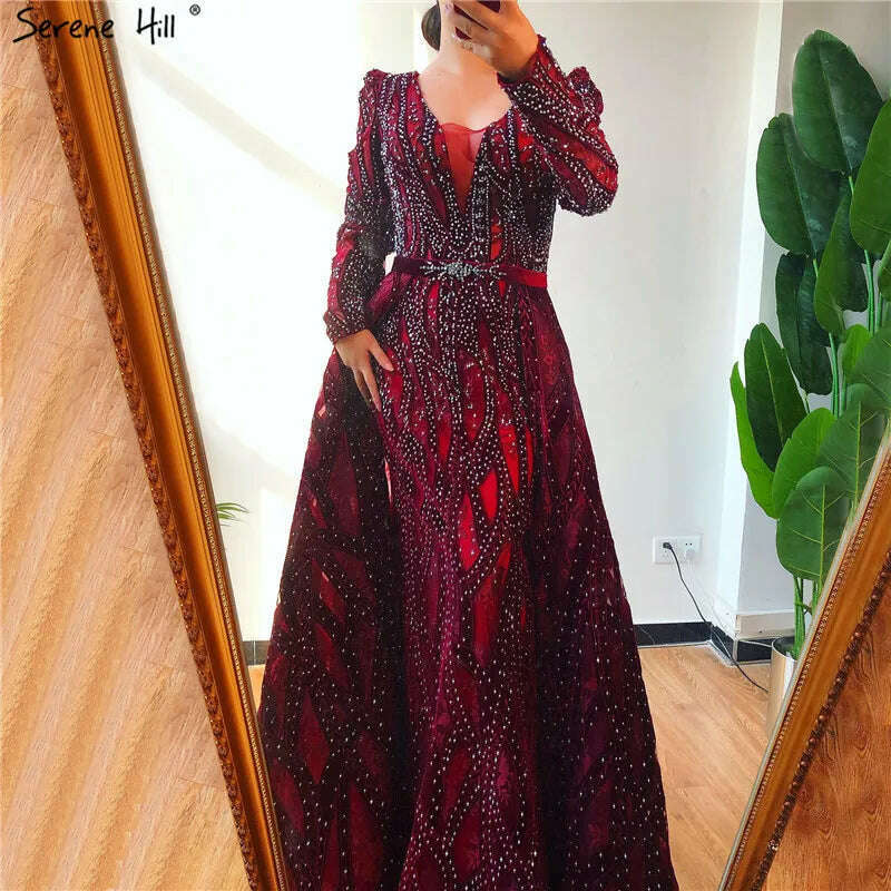 KIMLUD, Dubai Blue Deep-V Crystal Sexy Prom Dresses 2024 Long Sleeves Luxury Mermaid Prom Gowns Serene Hill Plus Size LA70223, KIMLUD Womens Clothes