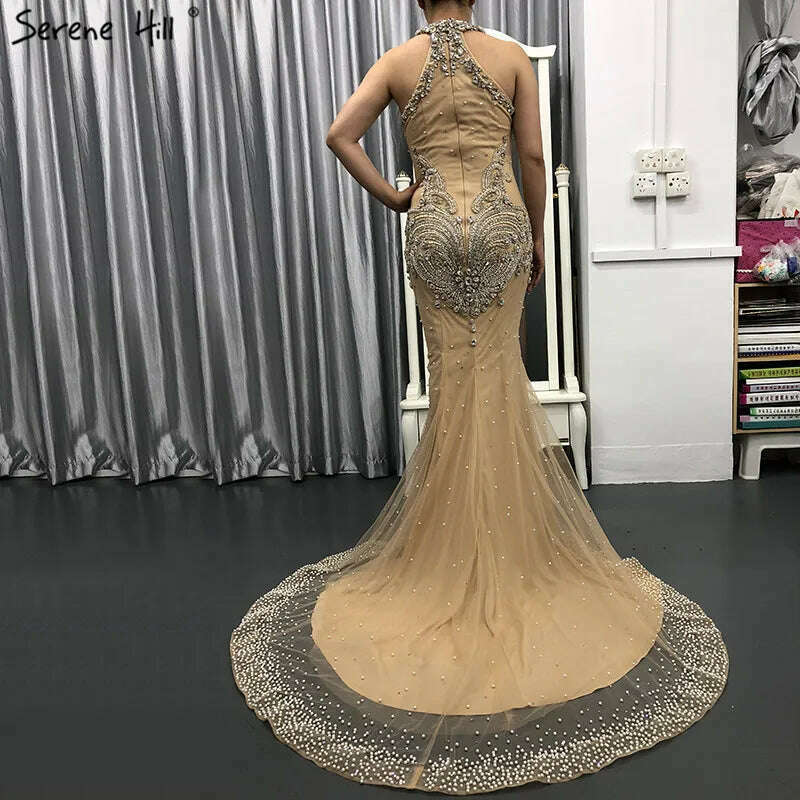 KIMLUD, Dubai High Neck Beads Mermaid Evening Dresses 2023 New Fashion Champagne Formal Dress Party Vestido De Festa Serene Hill BLA6558, KIMLUD Womens Clothes