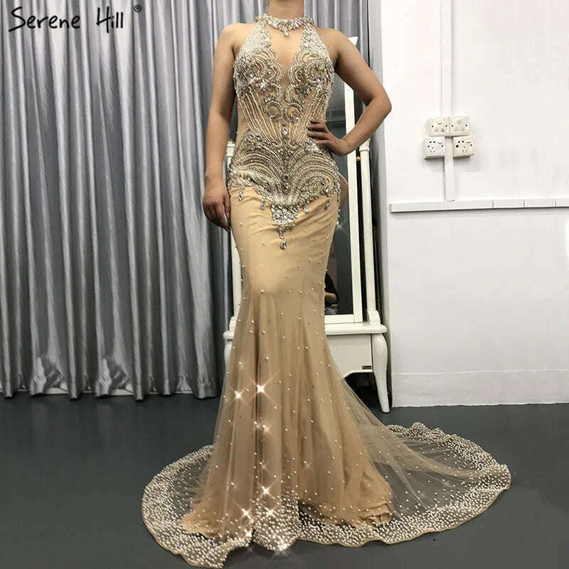 KIMLUD, Dubai High Neck Beads Mermaid Evening Dresses 2023 New Fashion Champagne Formal Dress Party Vestido De Festa Serene Hill BLA6558, KIMLUD Womens Clothes