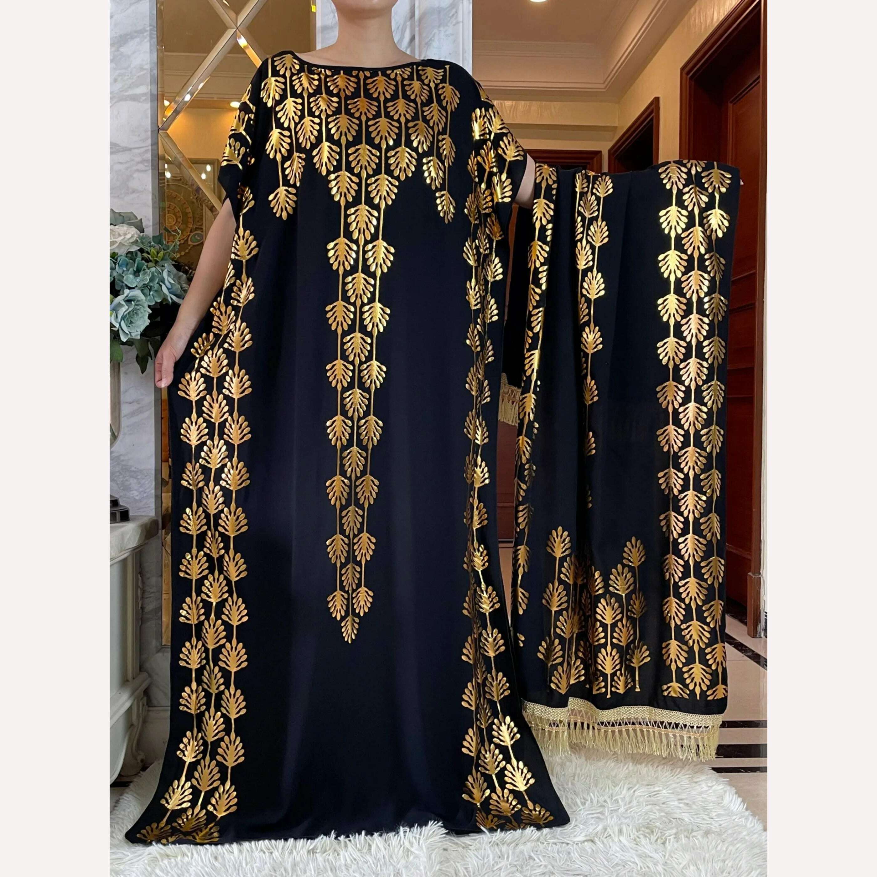 KIMLUD, Dubai New Abaya For Women  Summer Short Sleeve Cotton Dress Gold Stamping Loose Lady Maxi Islam African Dress With Big Scarf, HB438-1 / One Size, KIMLUD Womens Clothes