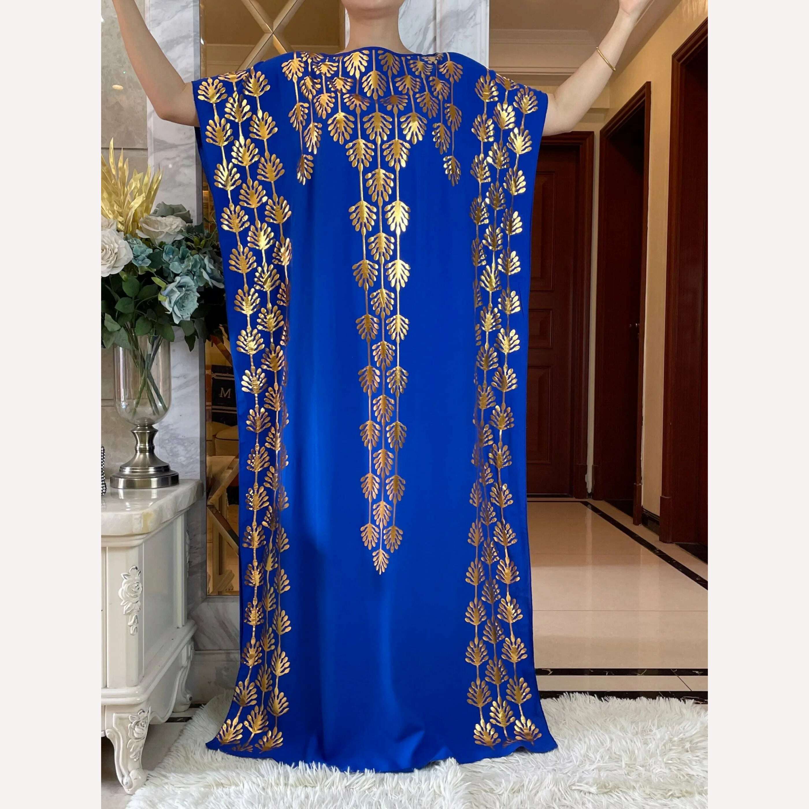 KIMLUD, Dubai New Abaya For Women  Summer Short Sleeve Cotton Dress Gold Stamping Loose Lady Maxi Islam African Dress With Big Scarf, KIMLUD Women's Clothes