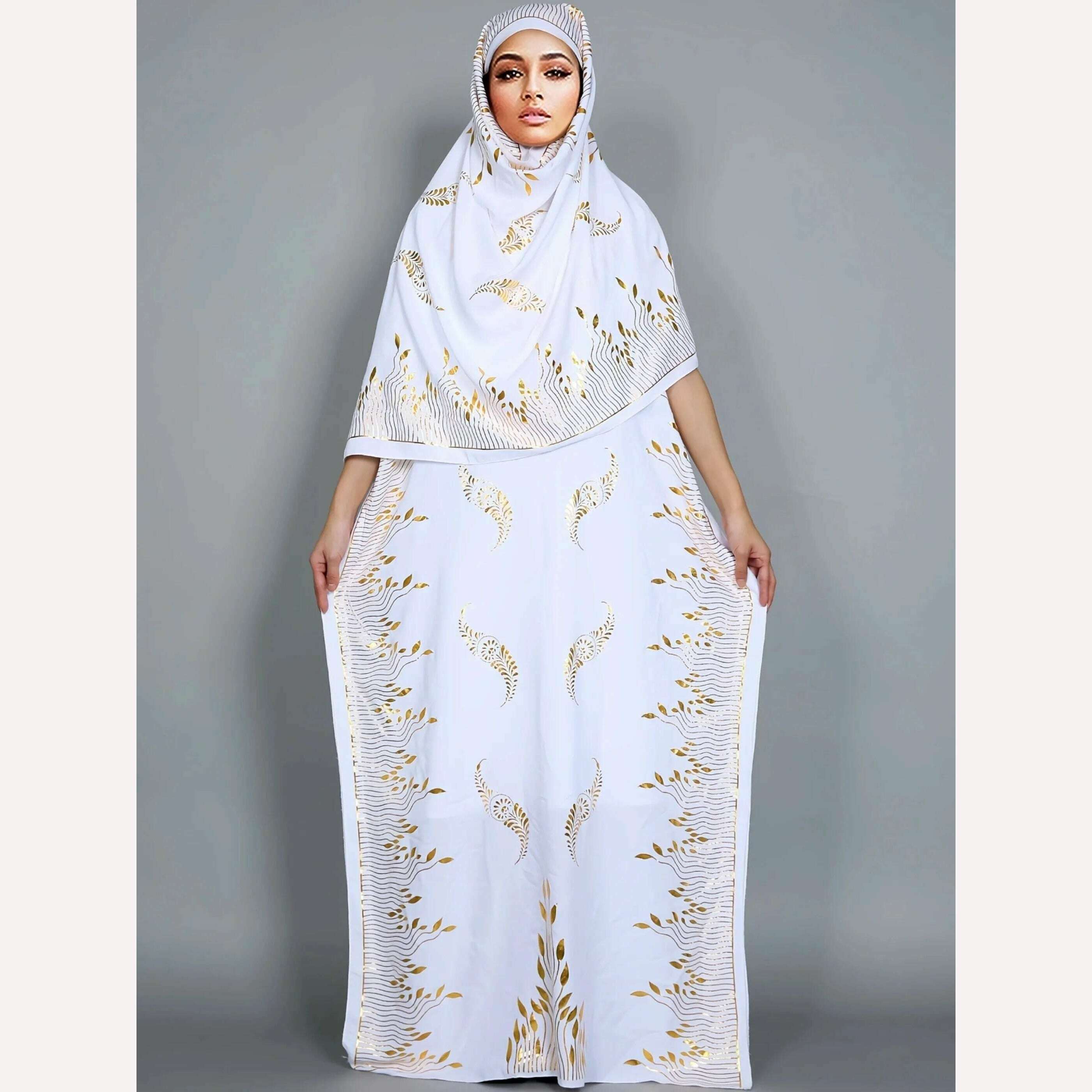 KIMLUD, Dubai New Abaya For Women  Summer Short Sleeve Cotton Dress Gold Stamping Loose Lady Maxi Islam African Dress With Big Scarf, KIMLUD Women's Clothes