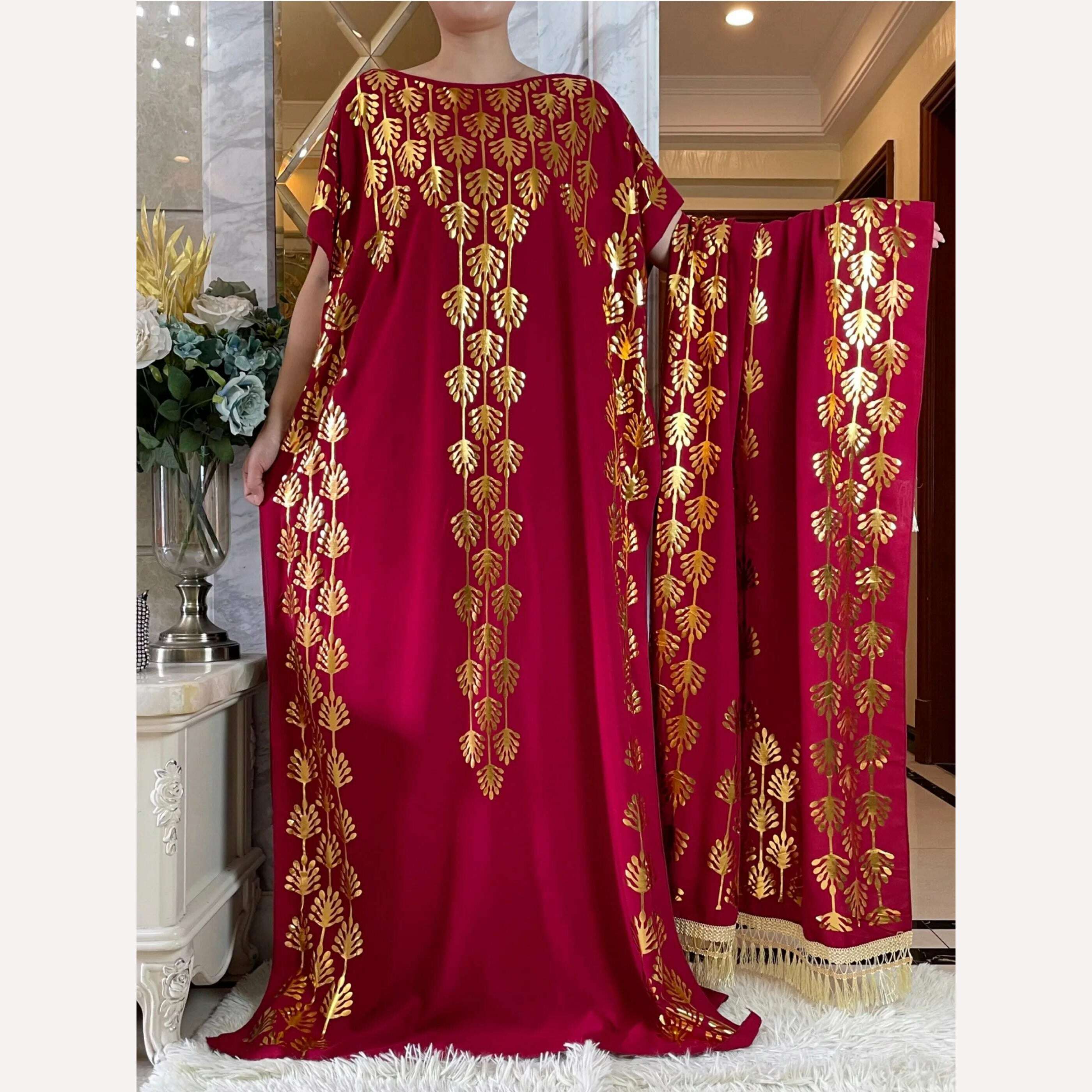 KIMLUD, Dubai New Abaya For Women  Summer Short Sleeve Cotton Dress Gold Stamping Loose Lady Maxi Islam African Dress With Big Scarf, HB438-5 / One Size, KIMLUD Women's Clothes