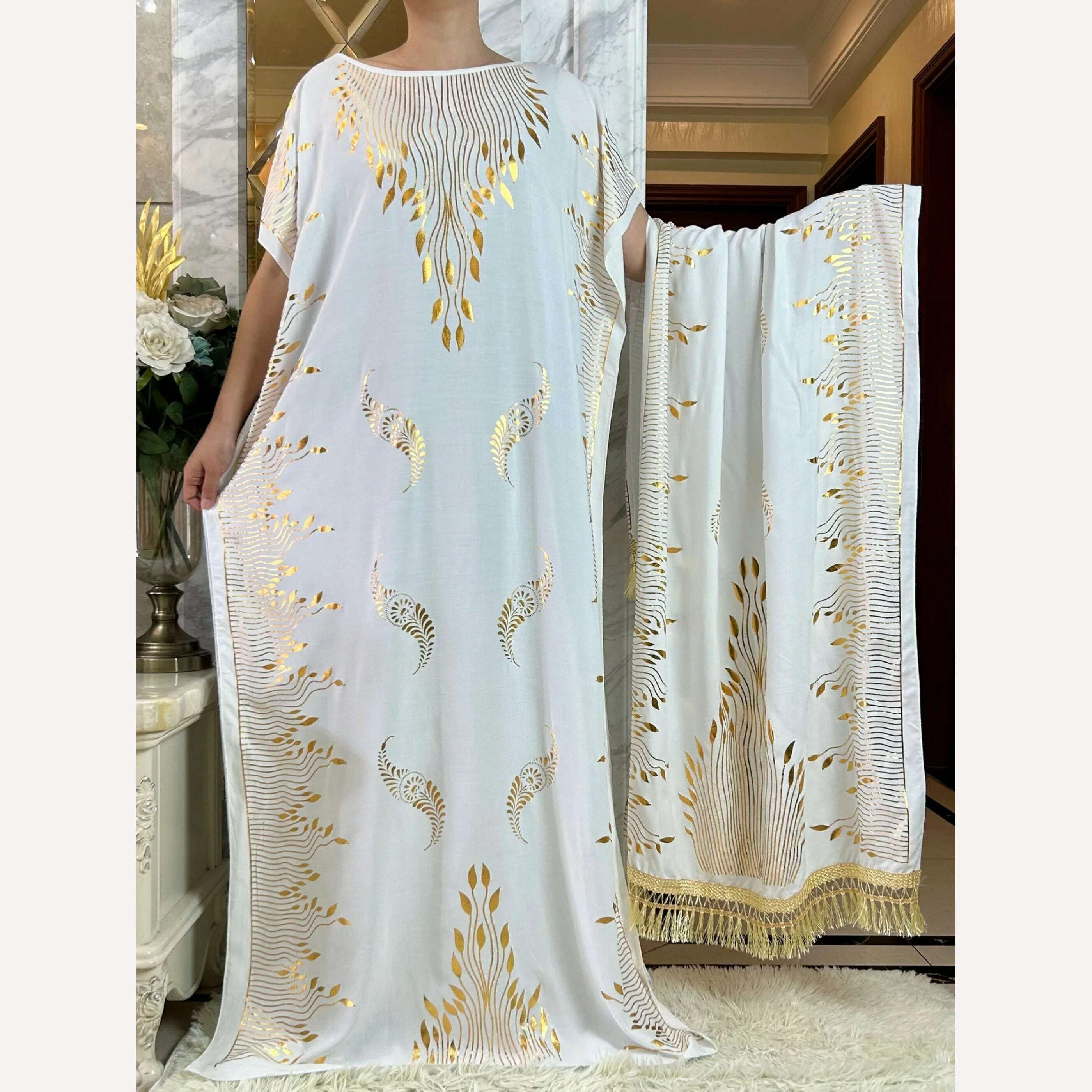 KIMLUD, Dubai New Abaya For Women  Summer Short Sleeve Cotton Dress Gold Stamping Loose Lady Maxi Islam African Dress With Big Scarf, HB438-7 / One Size, KIMLUD Women's Clothes