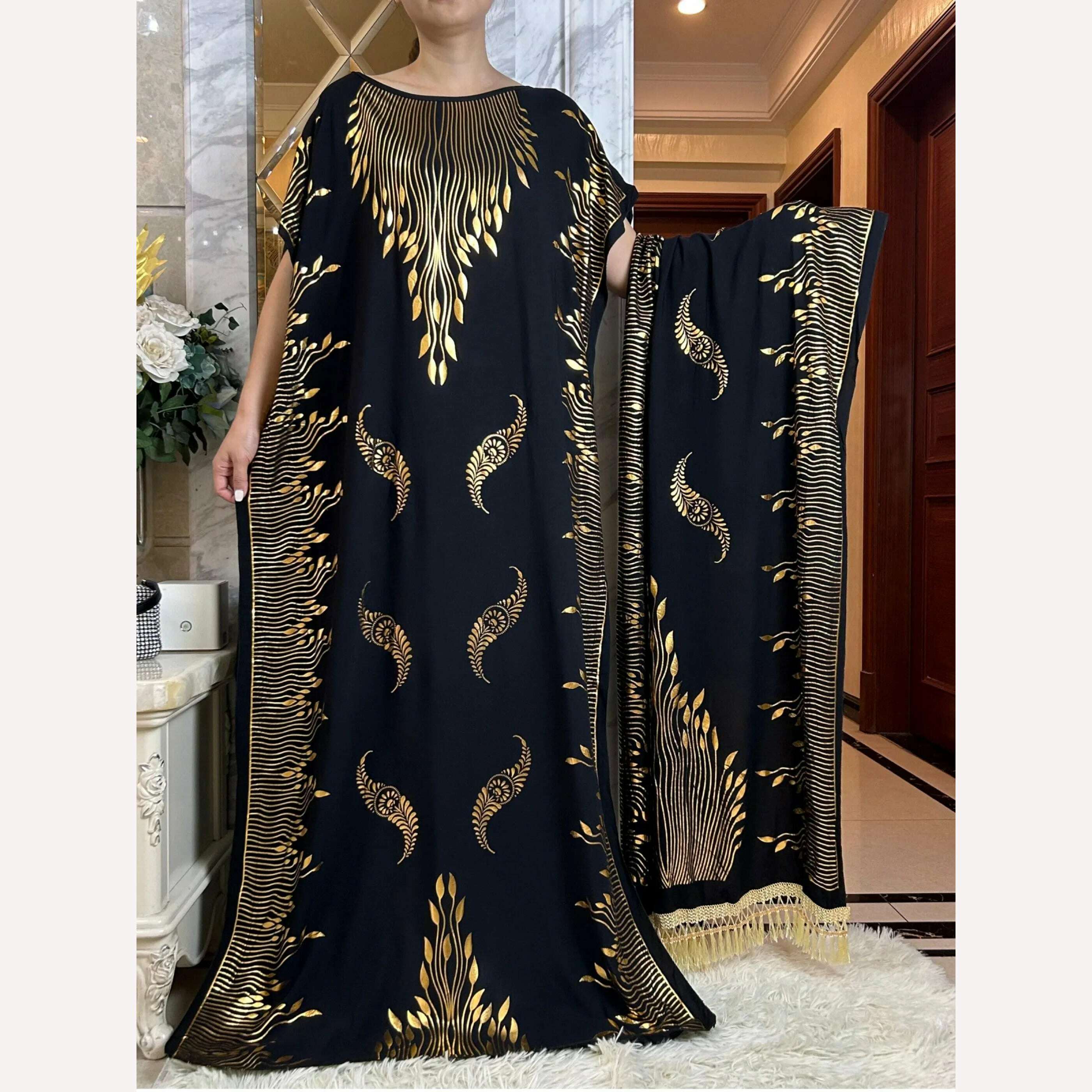 KIMLUD, Dubai New Abaya For Women  Summer Short Sleeve Cotton Dress Gold Stamping Loose Lady Maxi Islam African Dress With Big Scarf, HB438-10 / One Size, KIMLUD Women's Clothes