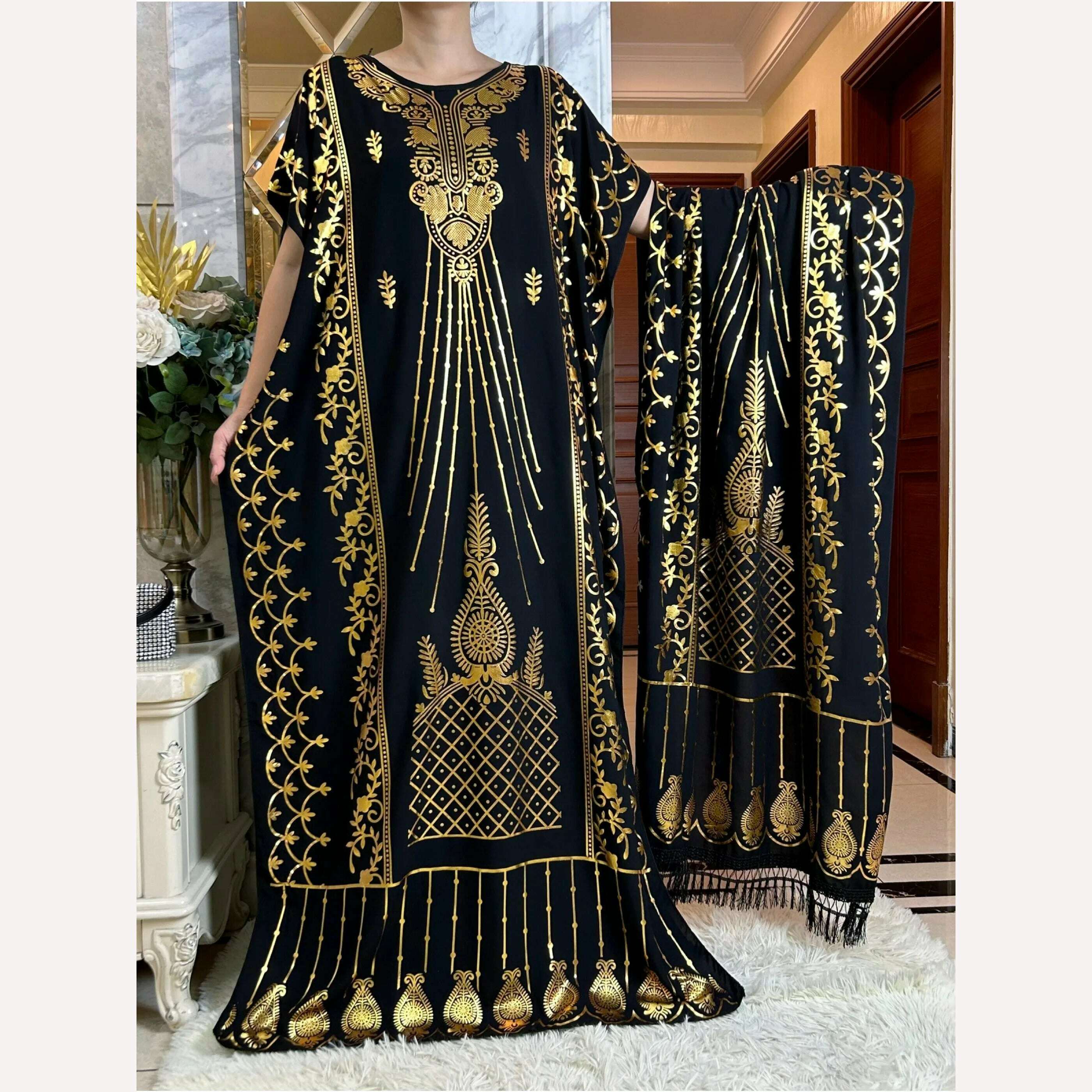 KIMLUD, Dubai New Abaya For Women  Summer Short Sleeve Cotton Dress Gold Stamping Loose Lady Maxi Islam African Dress With Big Scarf, HB438-9 / One Size, KIMLUD Women's Clothes
