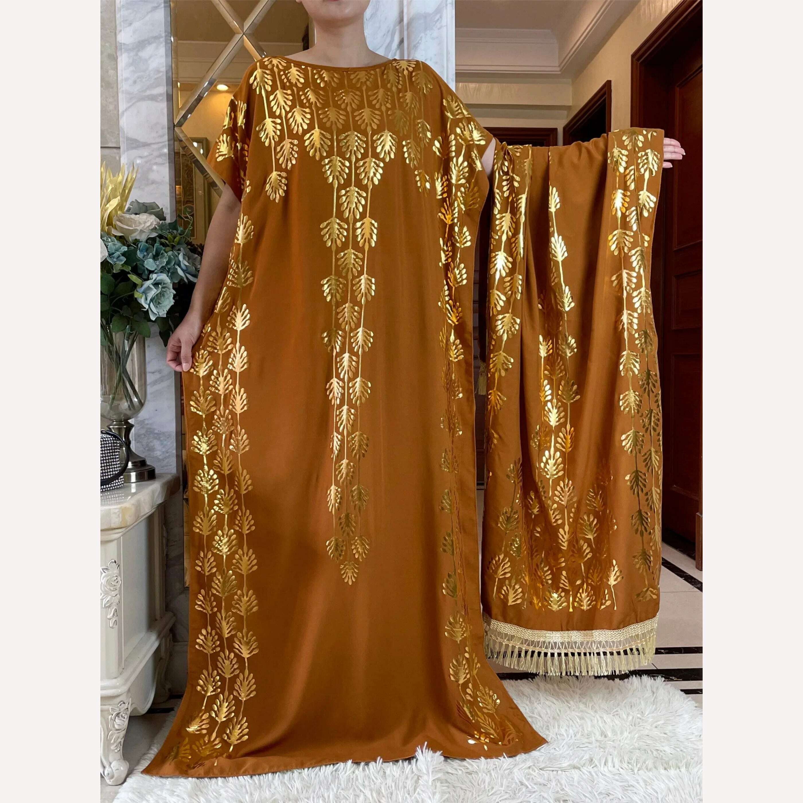 KIMLUD, Dubai New Abaya For Women  Summer Short Sleeve Cotton Dress Gold Stamping Loose Lady Maxi Islam African Dress With Big Scarf, HB438-3 / One Size, KIMLUD Women's Clothes
