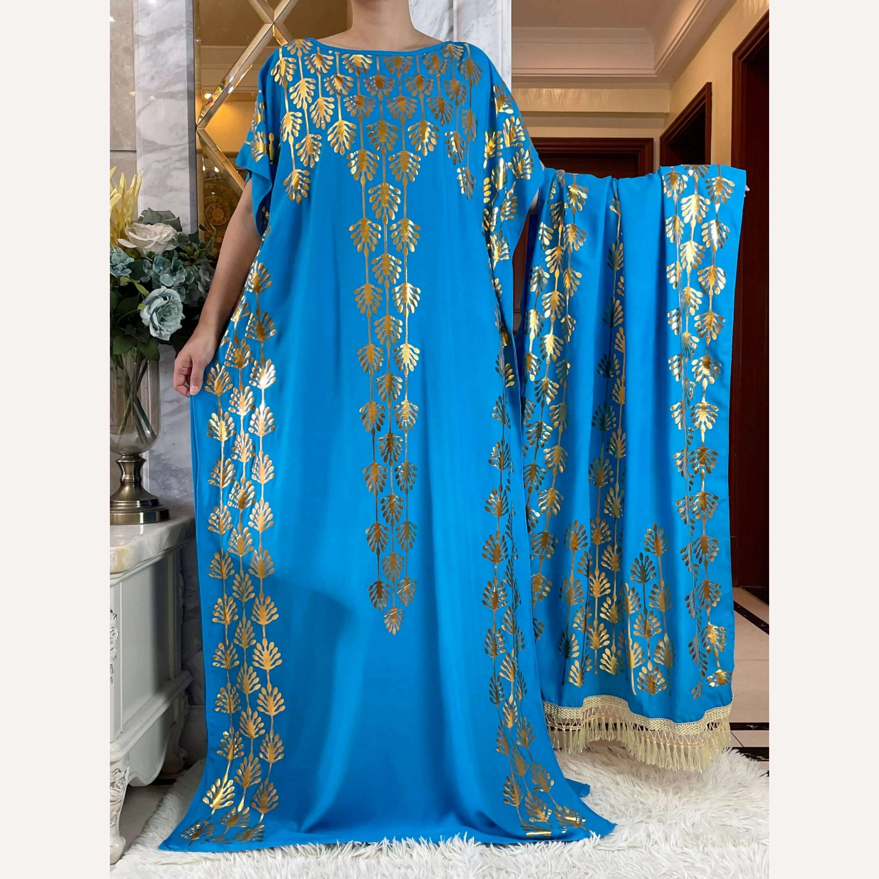 KIMLUD, Dubai New Abaya For Women  Summer Short Sleeve Cotton Dress Gold Stamping Loose Lady Maxi Islam African Dress With Big Scarf, HB438-6 / One Size, KIMLUD Women's Clothes