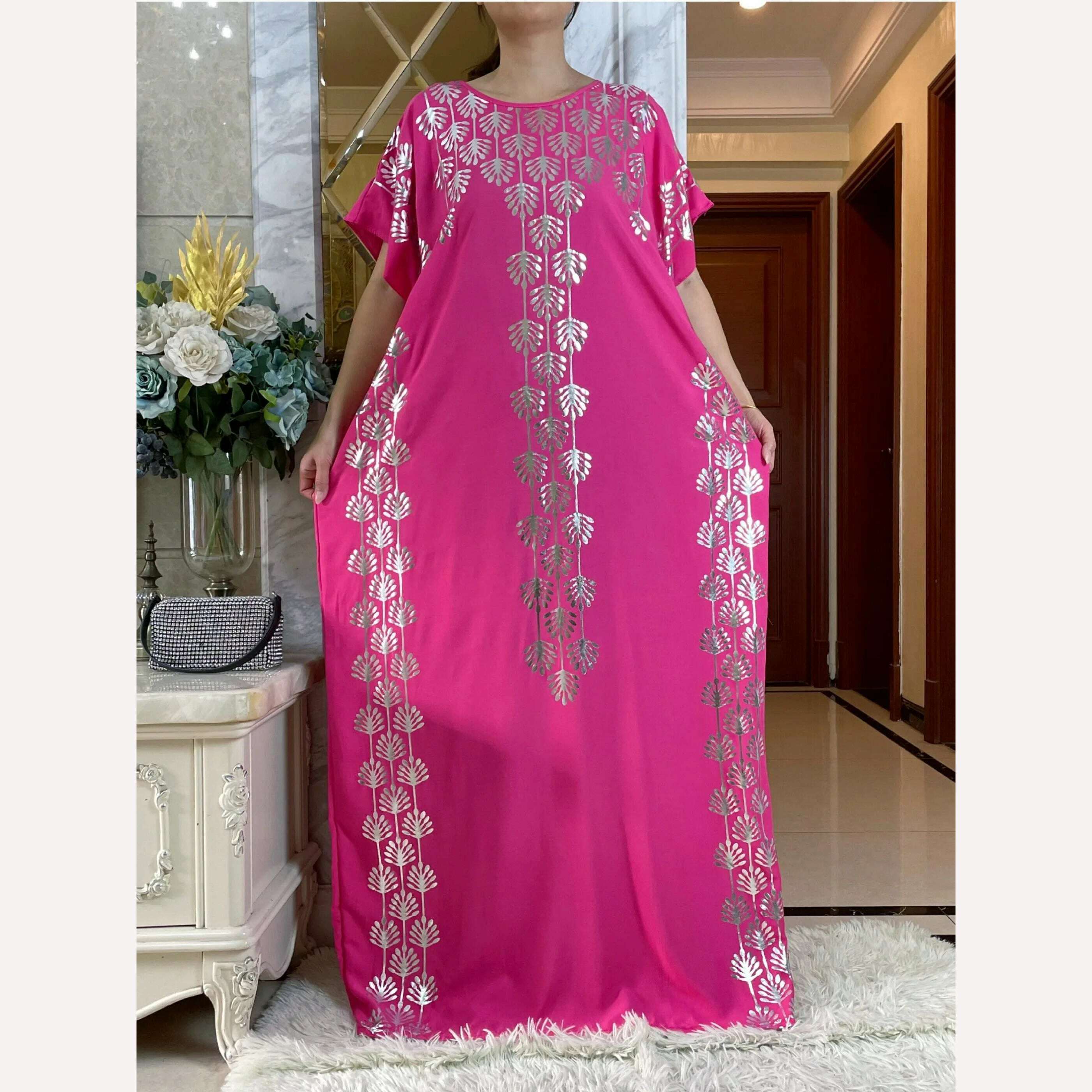 KIMLUD, Dubai New Abaya For Women  Summer Short Sleeve Cotton Dress Gold Stamping Loose Lady Maxi Islam African Dress With Big Scarf, HB438-11 / One Size, KIMLUD Women's Clothes