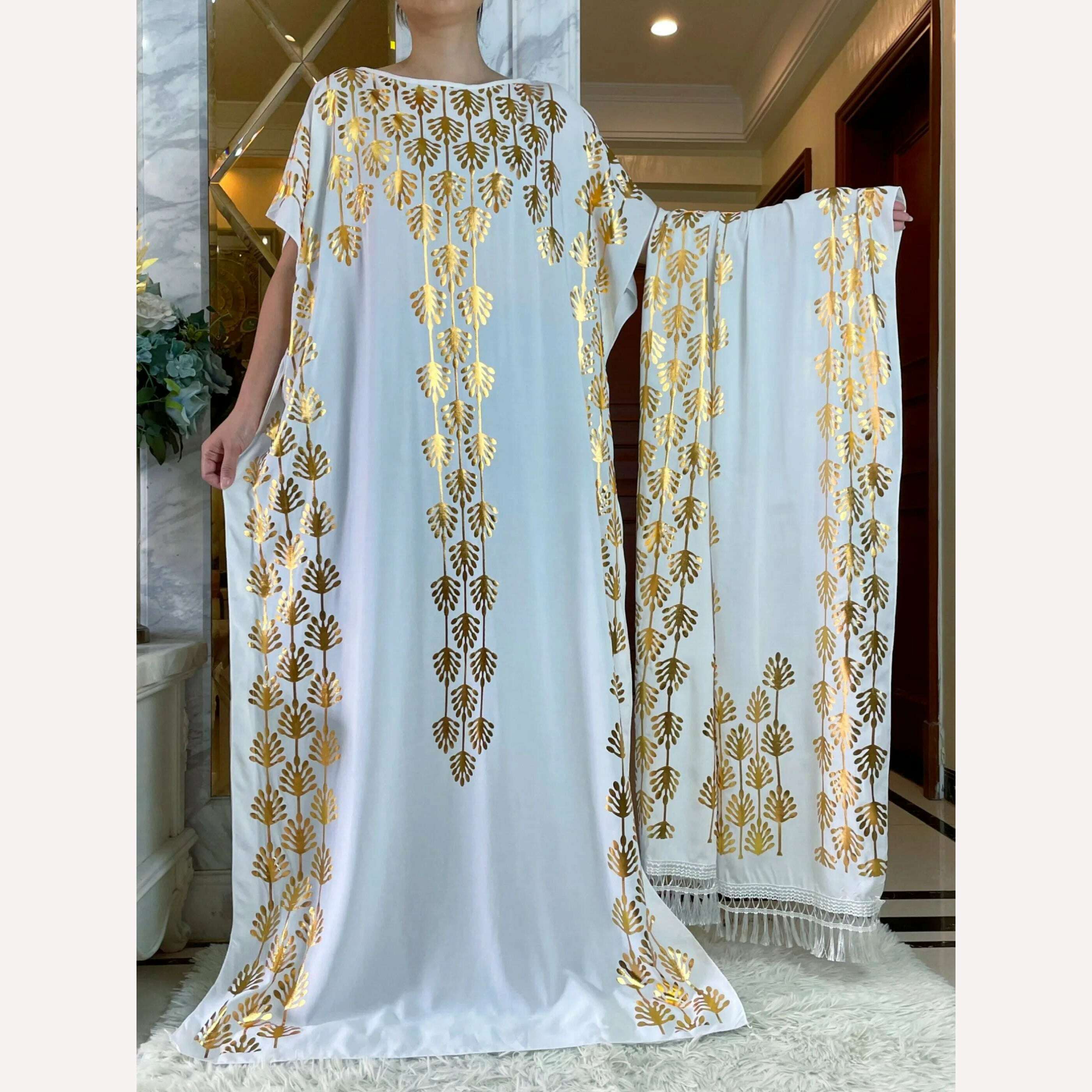 KIMLUD, Dubai New Abaya For Women  Summer Short Sleeve Cotton Dress Gold Stamping Loose Lady Maxi Islam African Dress With Big Scarf, HB438-14 / One Size, KIMLUD Women's Clothes