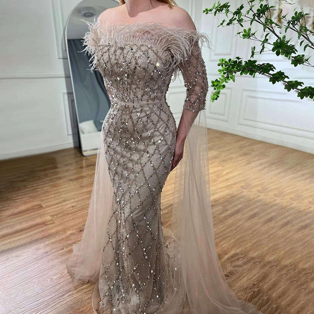 KIMLUD, Dubai turquoise Feathers Beaded Mermaid Elegant Strapless Evening Dresses Gown 2023 For Women Wedding Party BLA72169 Serene Hill, caramel / 12, KIMLUD APPAREL - Womens Clothes
