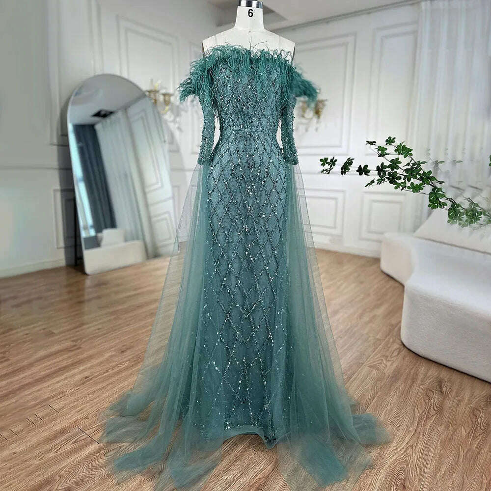 KIMLUD, Dubai turquoise Feathers Beaded Mermaid Elegant Strapless Evening Dresses Gown 2023 For Women Wedding Party BLA72169 Serene Hill, KIMLUD Womens Clothes