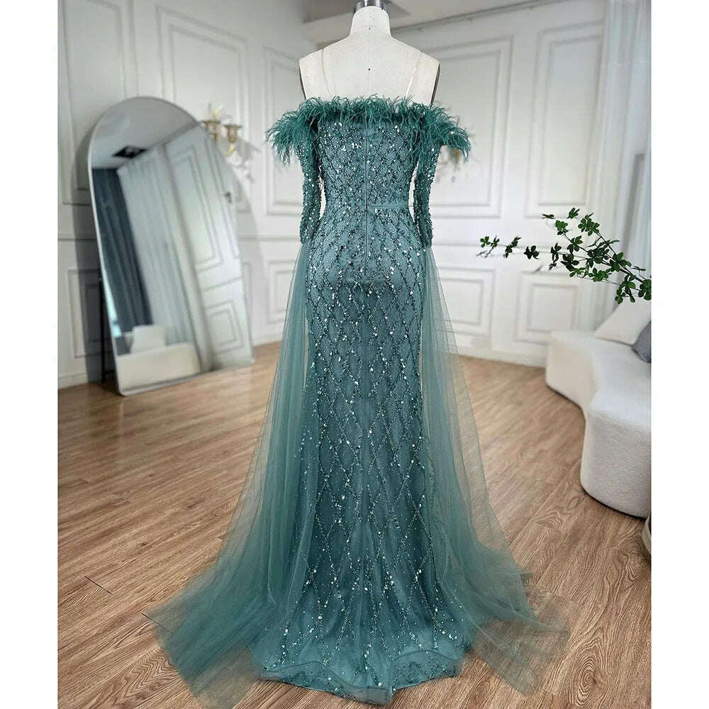 KIMLUD, Dubai turquoise Feathers Beaded Mermaid Elegant Strapless Evening Dresses Gown 2023 For Women Wedding Party BLA72169 Serene Hill, KIMLUD Women's Clothes