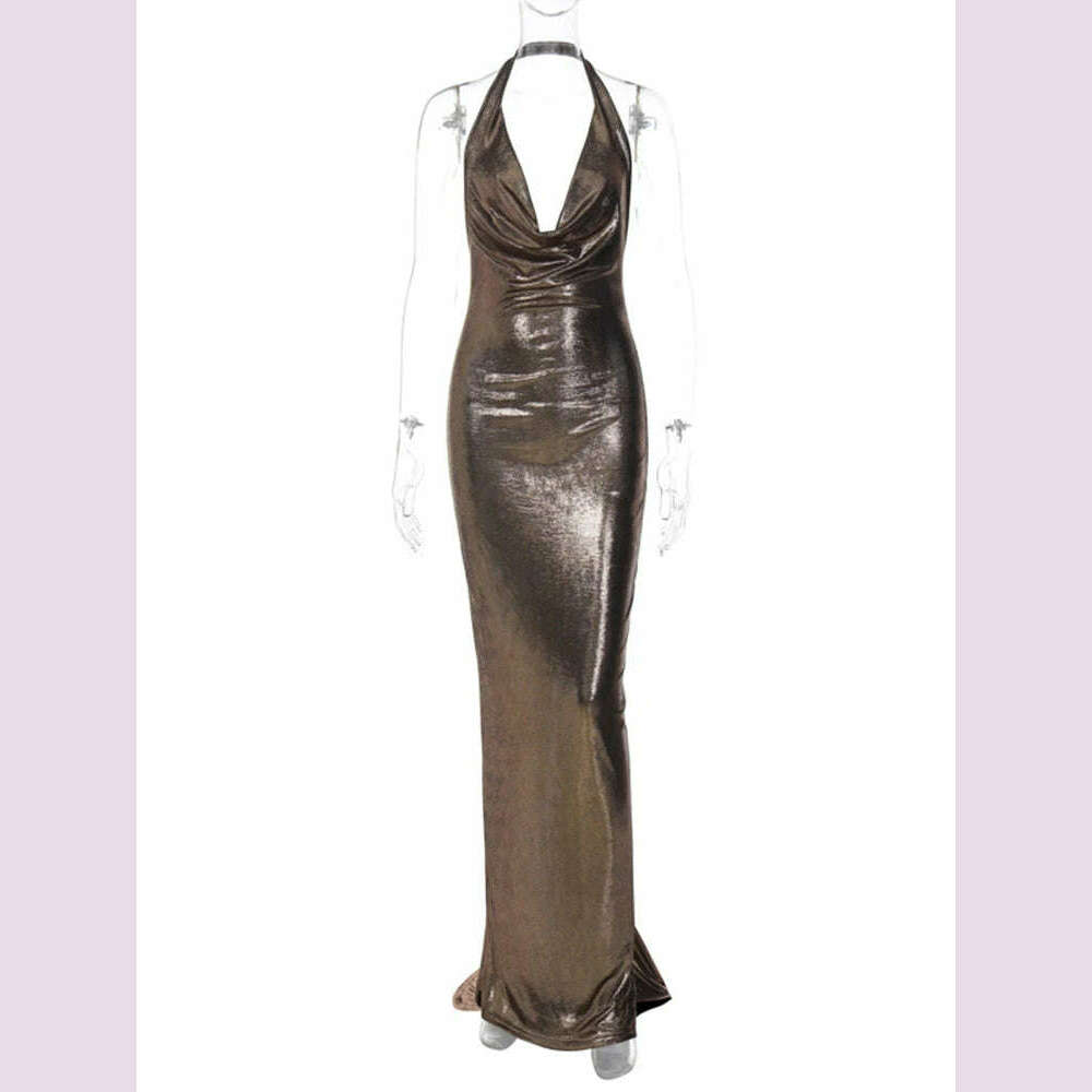 Dulzura Bling Glitter Women Halter Maxi Dress V Neck Backless Long Dress Party Evening Birthday Clothes Elegant Prom Outfit - KIMLUD