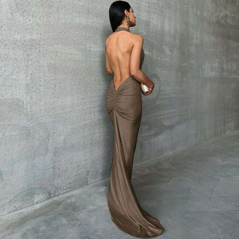 Dulzura Bling Glitter Women Halter Maxi Dress V Neck Backless Long Dress Party Evening Birthday Clothes Elegant Prom Outfit - KIMLUD