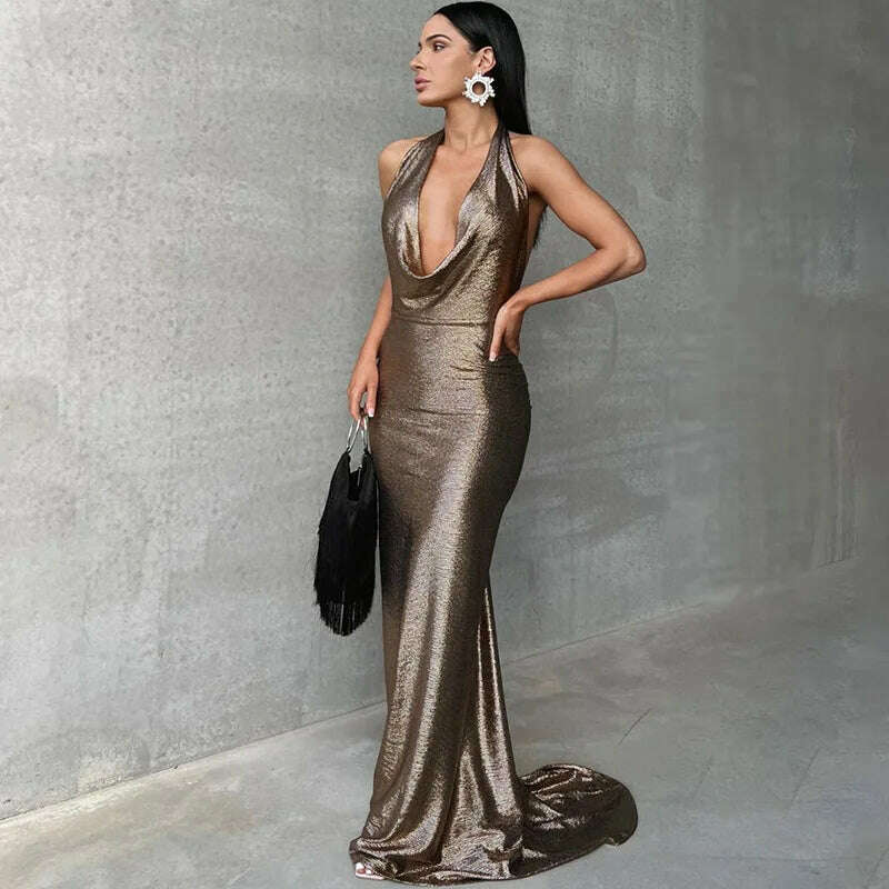 Dulzura Bling Glitter Women Halter Maxi Dress V Neck Backless Long Dress Party Evening Birthday Clothes Elegant Prom Outfit - KIMLUD