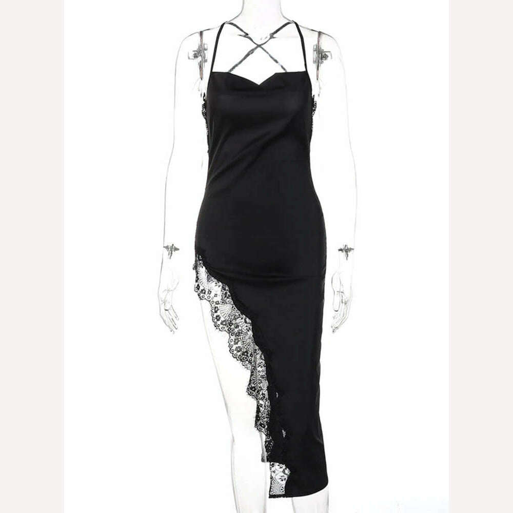 Dulzura Lace Patchwork Women Strap Midi Dress Side Slit Backless Bodycon Sexy Party Club Festival Elegant 2023 Winter Evening - KIMLUD
