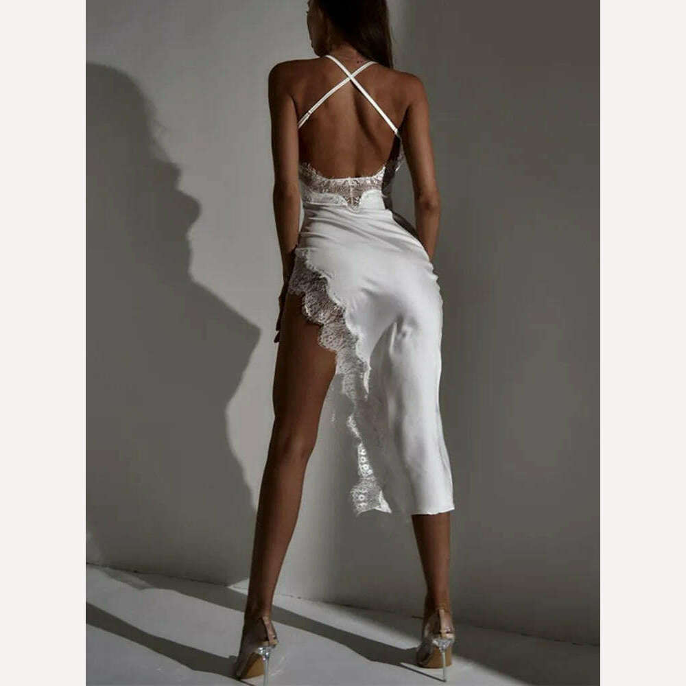 Dulzura Lace Patchwork Women Strap Midi Dress Side Slit Backless Bodycon Sexy Party Club Festival Elegant 2023 Winter Evening - KIMLUD