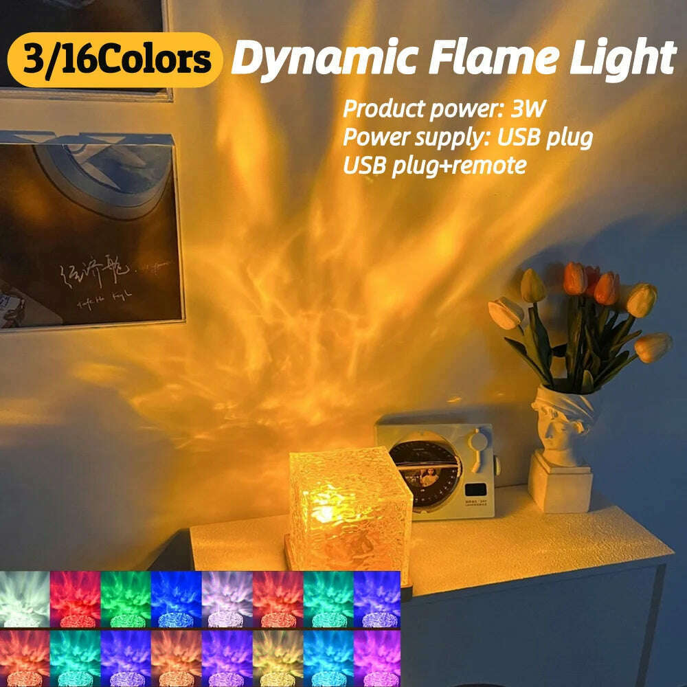KIMLUD, Dynamic Rotating Water Ripple Projector 3/16 Colors Night Light USB Plug Flame Crystal Lamp for Bedside Bedroom Rotating Light, KIMLUD Womens Clothes