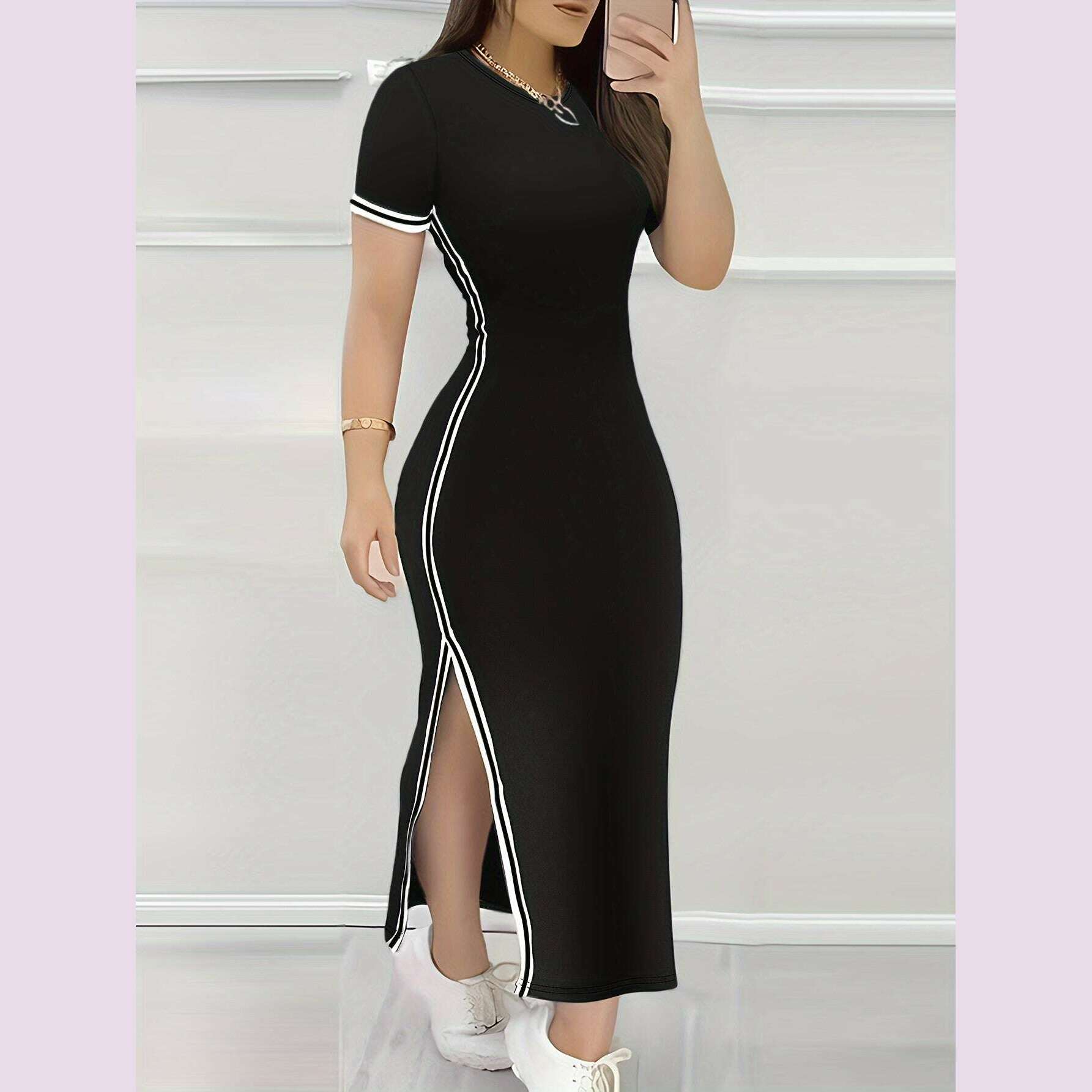 contrast-trim-split-hem-bodycon-dress-elegant-crew-neck-short-sleeve-dress-for-spring-summer-womens-clothingkimlud-womens-fashion-34625799