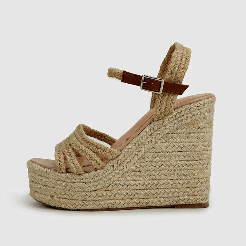 EAGSITY 2024 New design bohemian wedges platform peep toe sandals ankle strap high heel comfort casual shoes pumps rope sole - KIMLUD