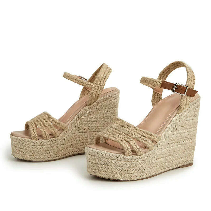 EAGSITY 2024 New design bohemian wedges platform peep toe sandals ankle strap high heel comfort casual shoes pumps rope sole - KIMLUD