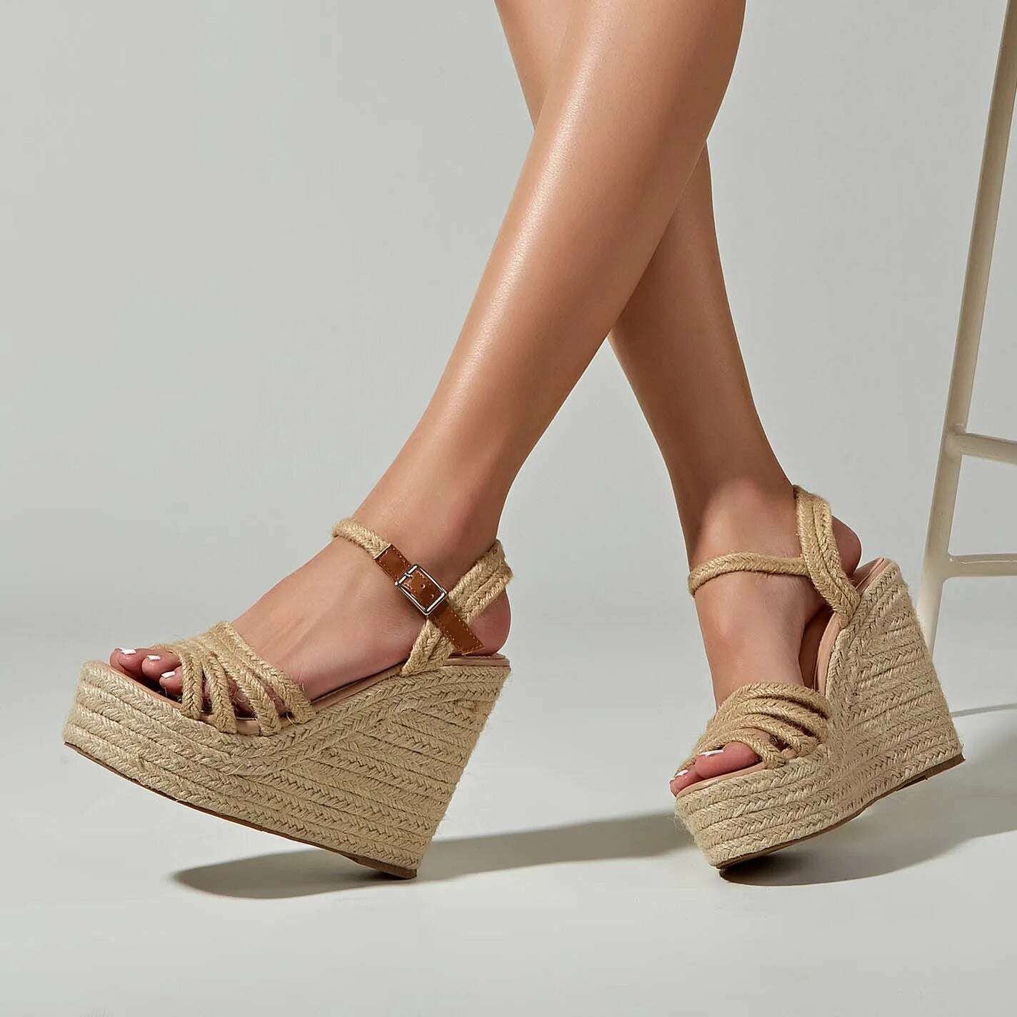 EAGSITY 2024 New design bohemian wedges platform peep toe sandals ankle strap high heel comfort casual shoes pumps rope sole - KIMLUD