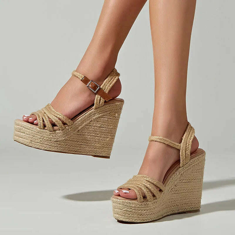 EAGSITY 2024 New design bohemian wedges platform peep toe sandals ankle strap high heel comfort casual shoes pumps rope sole - KIMLUD