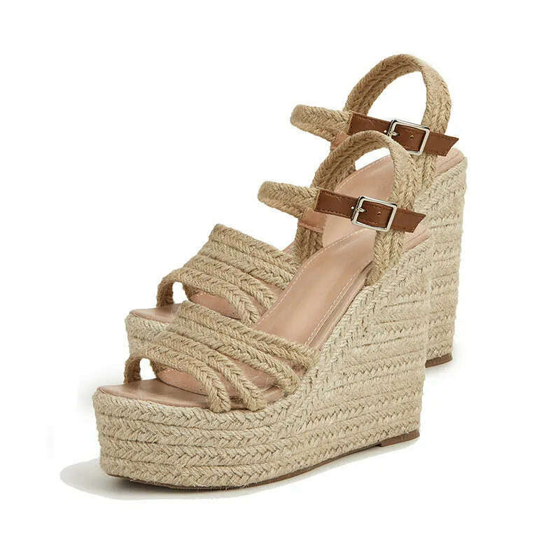EAGSITY 2024 New design bohemian wedges platform peep toe sandals ankle strap high heel comfort casual shoes pumps rope sole - KIMLUD