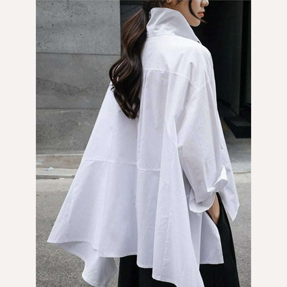 EAM 2024 New Spring Autumn Lapel Long Sleeve White Back Long Loose Big Size Irregular Shirt Women Blouse Fashion Tide JU847 - KIMLUD