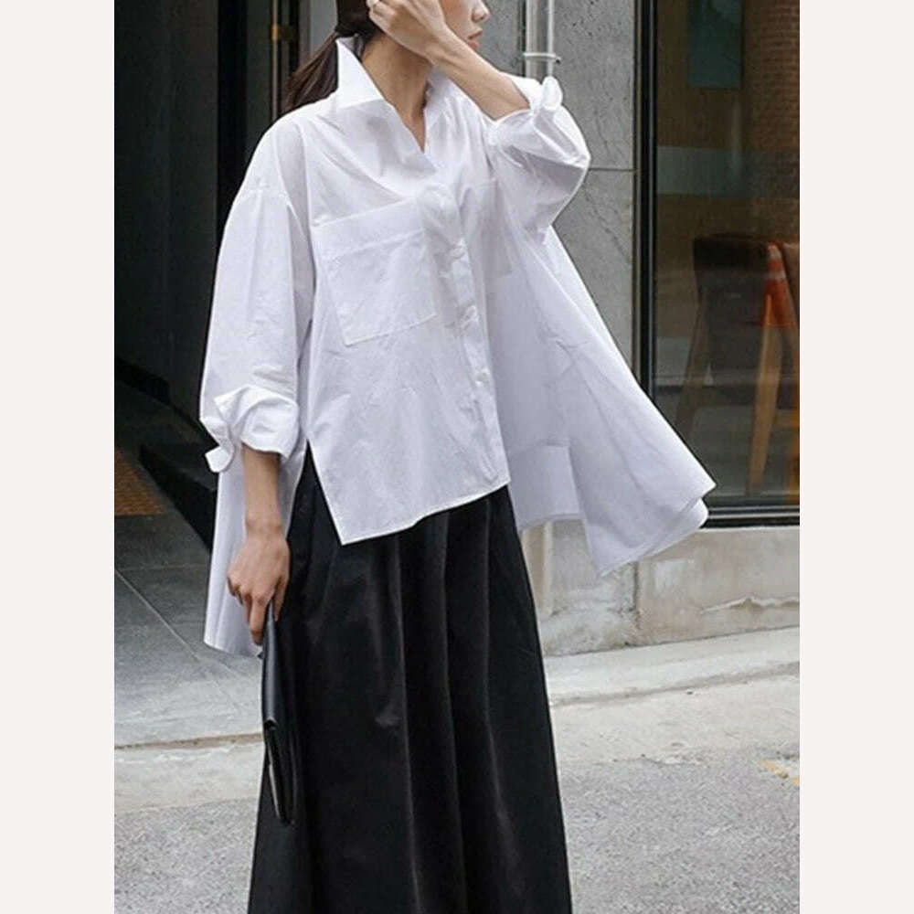 EAM 2024 New Spring Autumn Lapel Long Sleeve White Back Long Loose Big Size Irregular Shirt Women Blouse Fashion Tide JU847 - KIMLUD