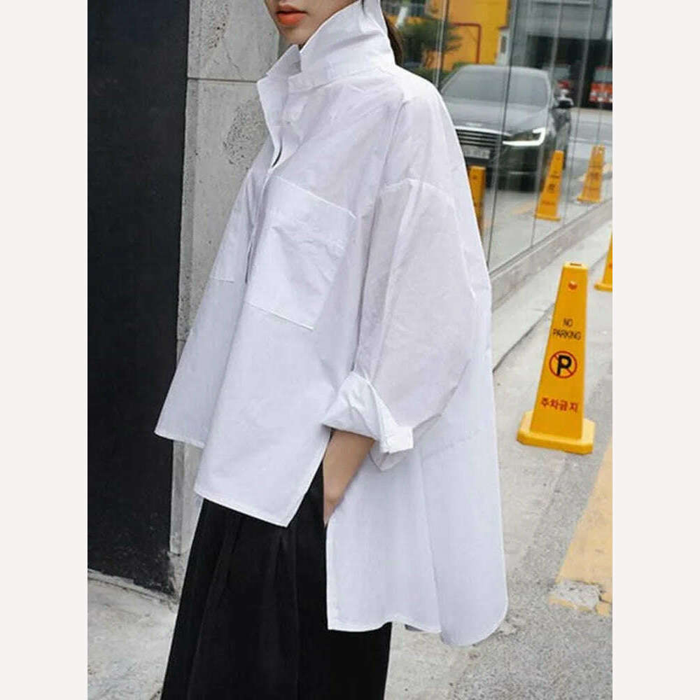 EAM 2024 New Spring Autumn Lapel Long Sleeve White Back Long Loose Big Size Irregular Shirt Women Blouse Fashion Tide JU847 - KIMLUD